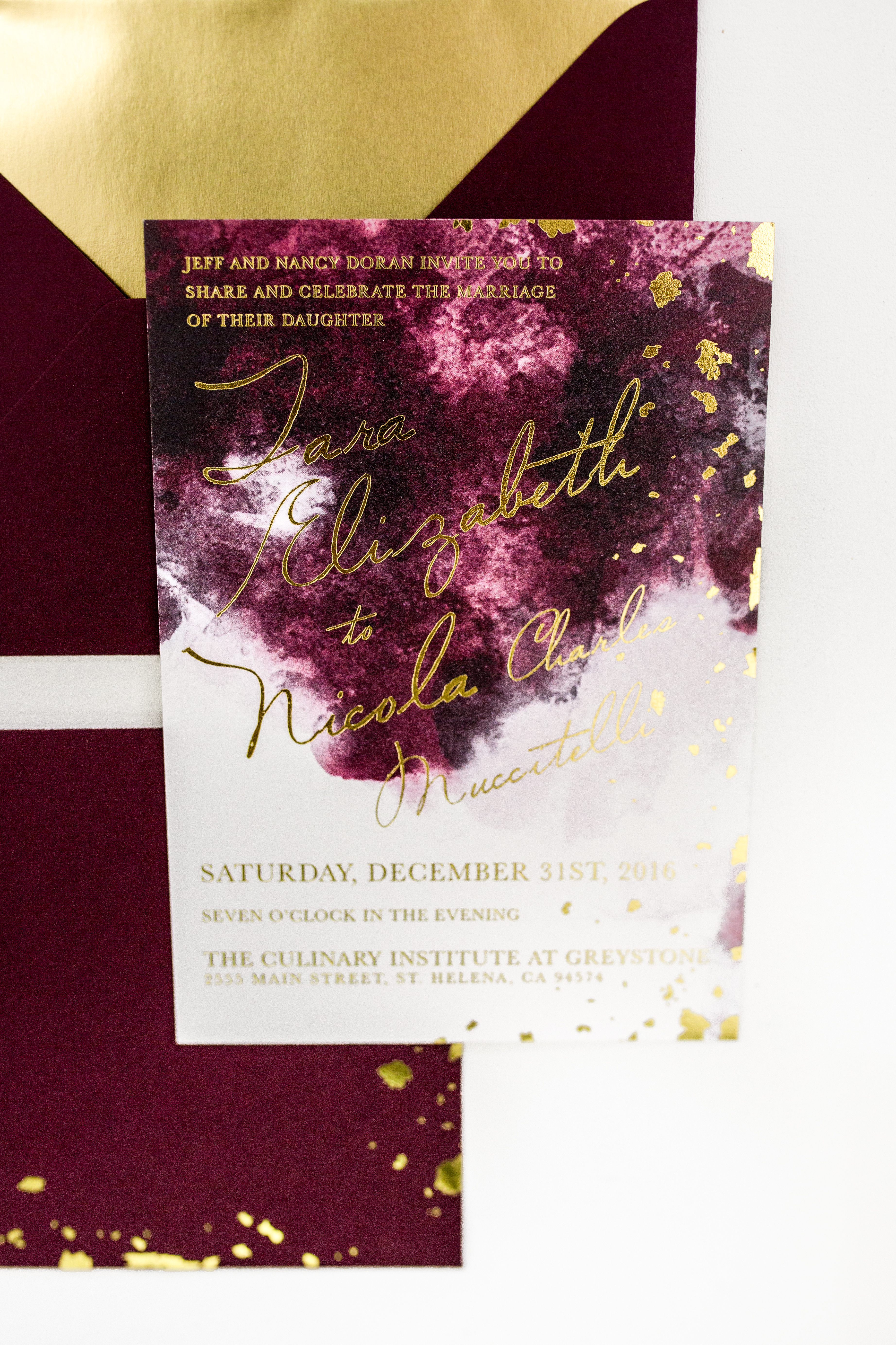 burgundy and gold wedding invitation
