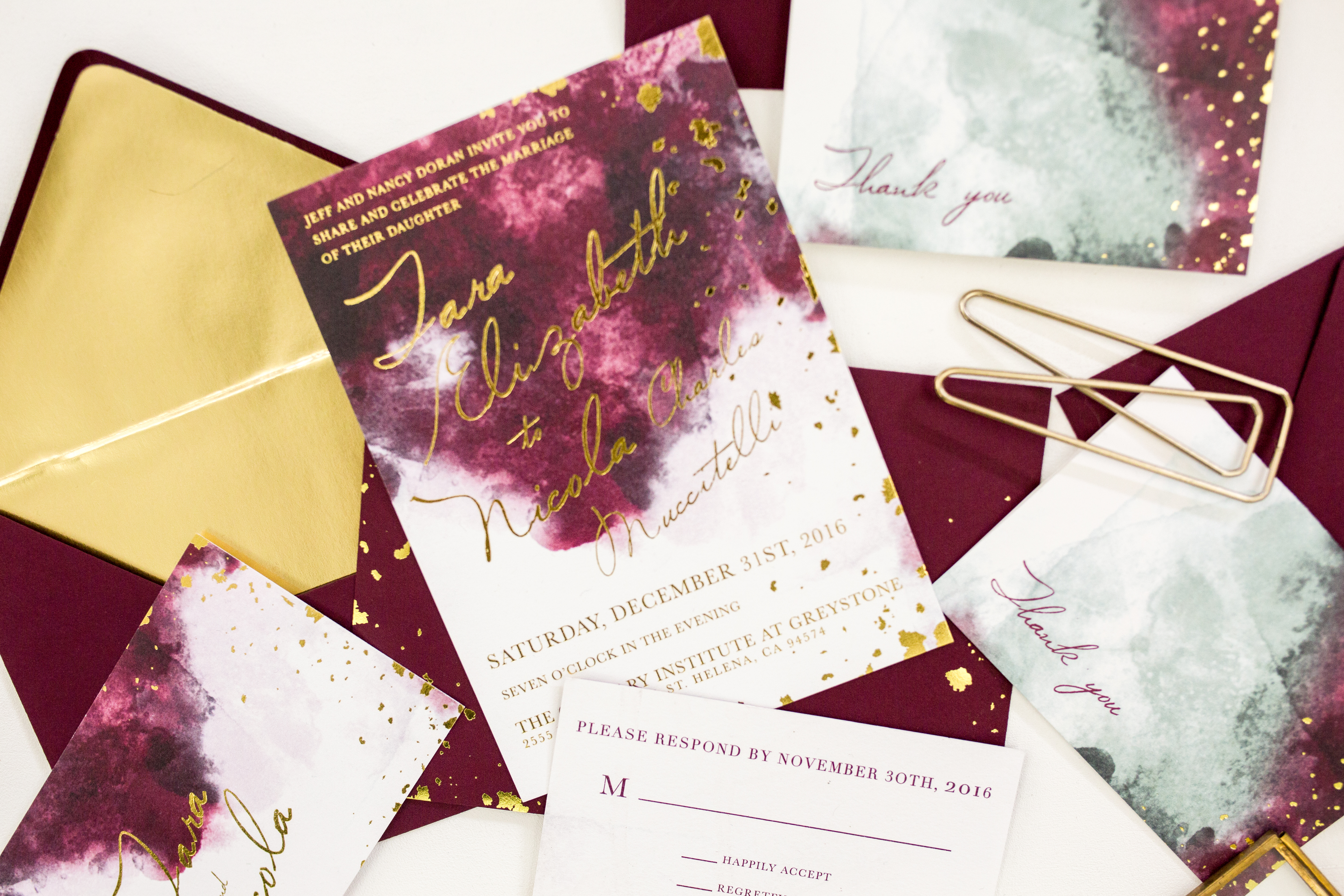 gold and burgundy wedding invitation