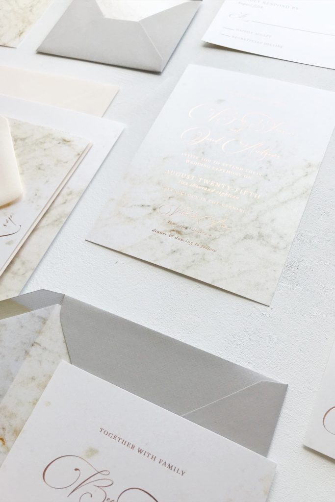 Gold and silver marble wedding invitation