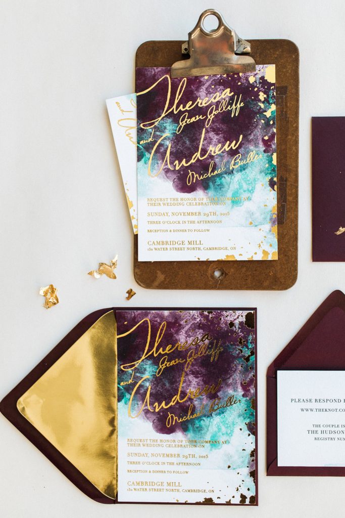 burgundy, gold, teal wedding invitation