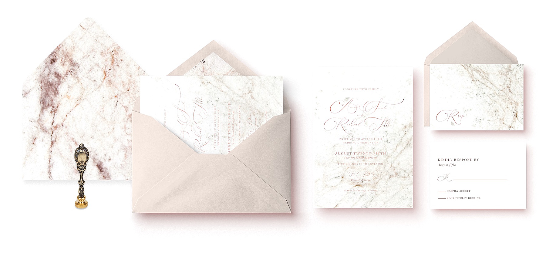 foil-and-ink-custom-invitation-a-walk-in-rome-tan-marble