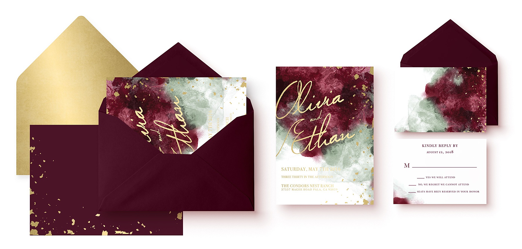 Watercolor burgundy and gold invitation