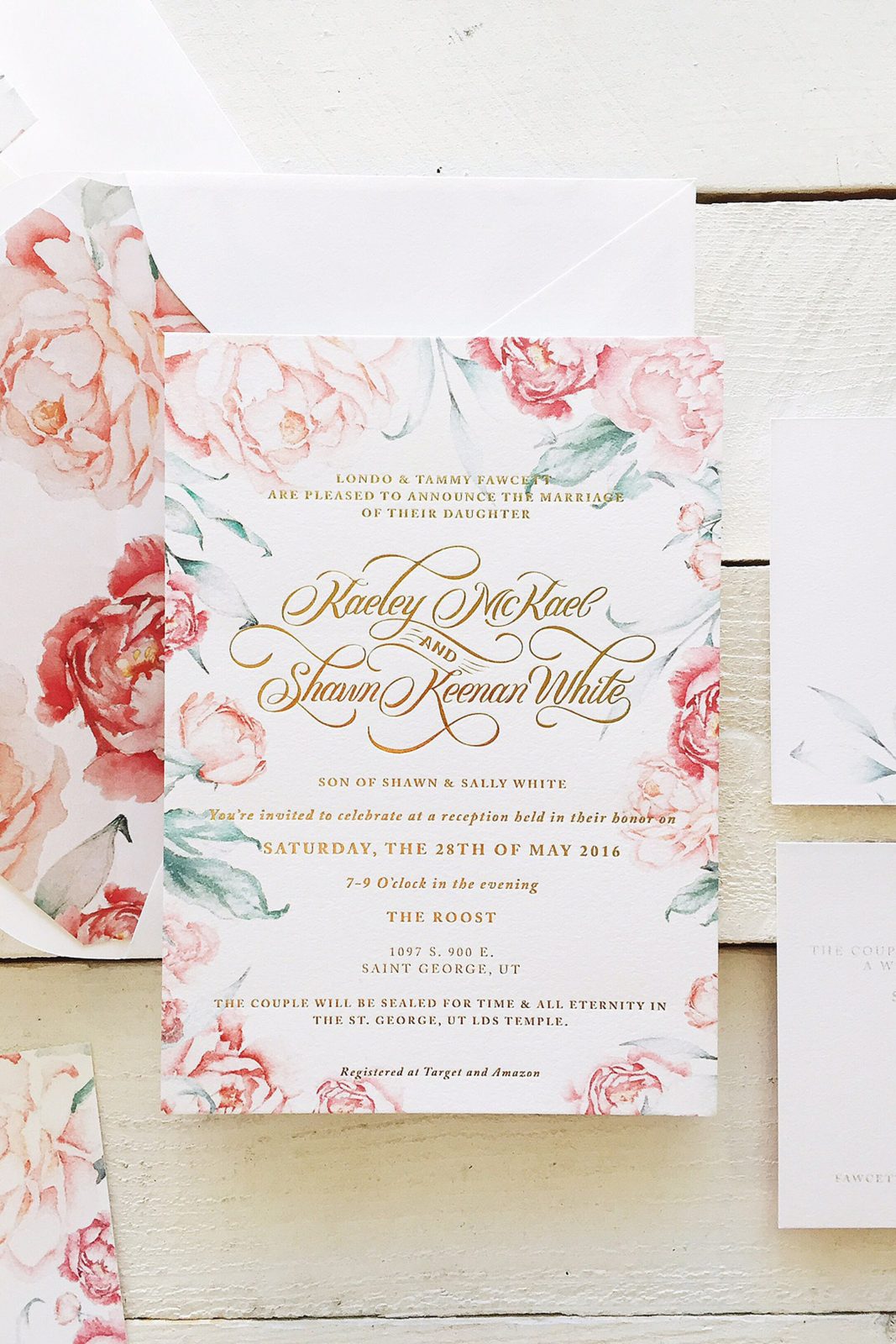 Fields of Peonies - Floral Watercolor Invitation - Foil & Ink